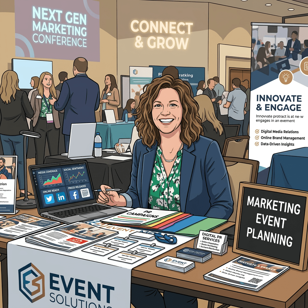 Woman smiling at a marketing event planning booth with laptop and promotional materials
